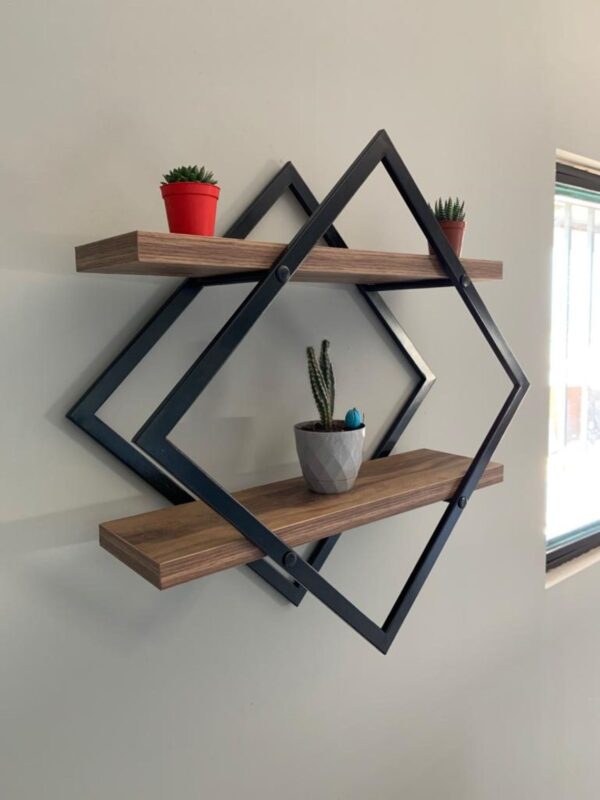Diamond Metal Frame Wall Shelf (Black-Walnut)